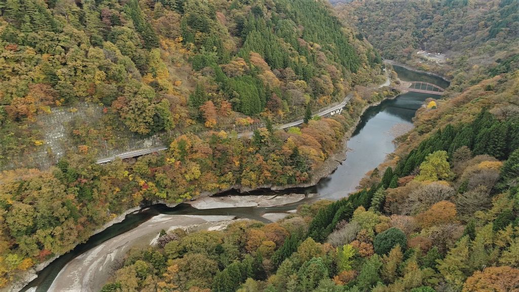 奥多摩の紅葉と山の風景の様子