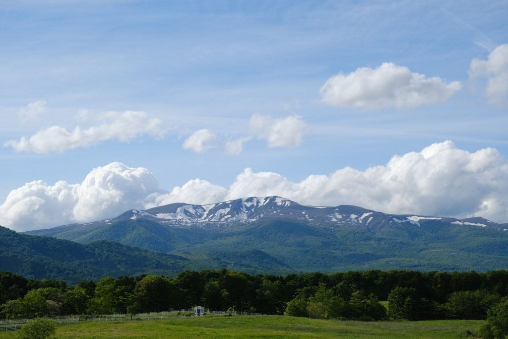 深山牧野（牧場）と栗駒山春の残雪の風景の様子