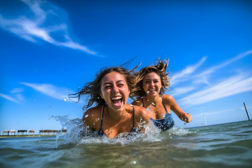 海ではしゃぐ女性の様子