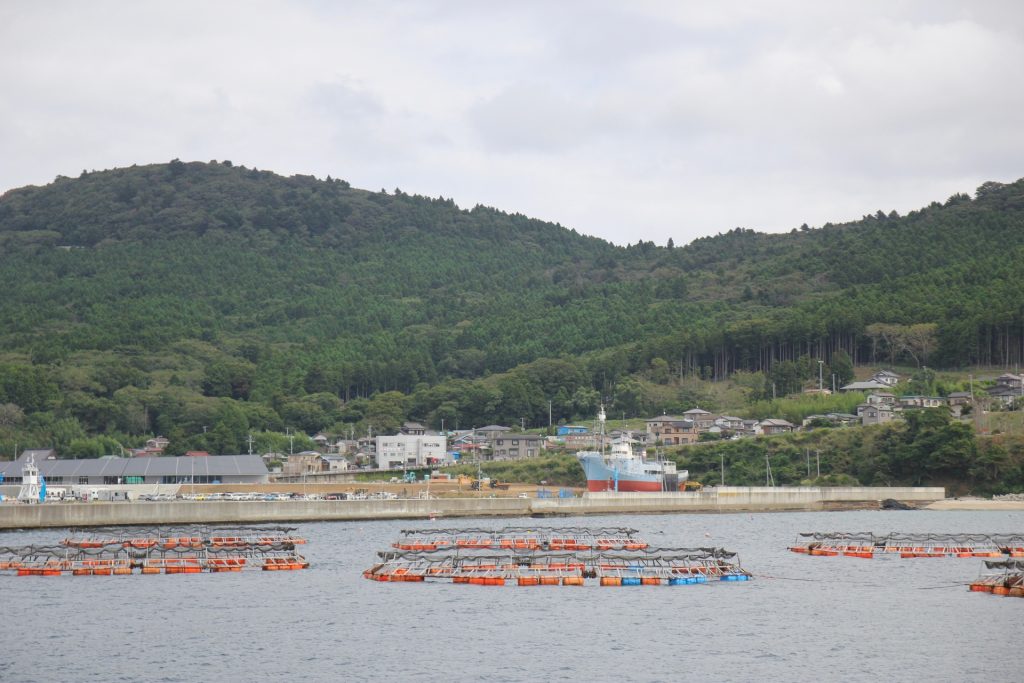 海からみた鮎川港の様子